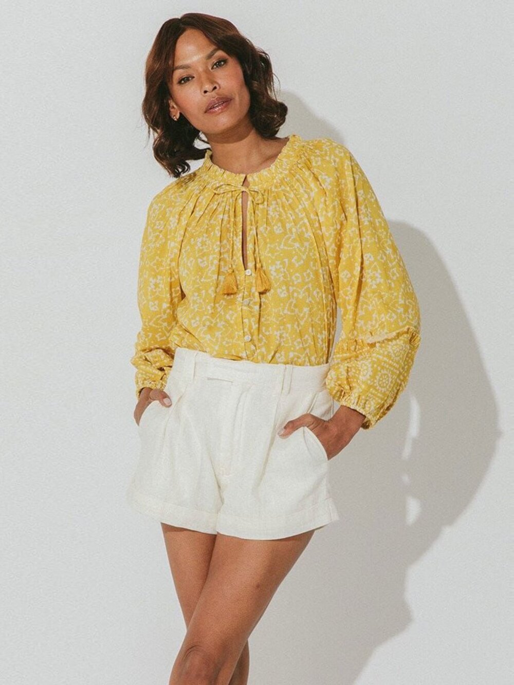 Cleobella Lyra Blouse in Cassia Yellow Floral Boho Peasant Top medium